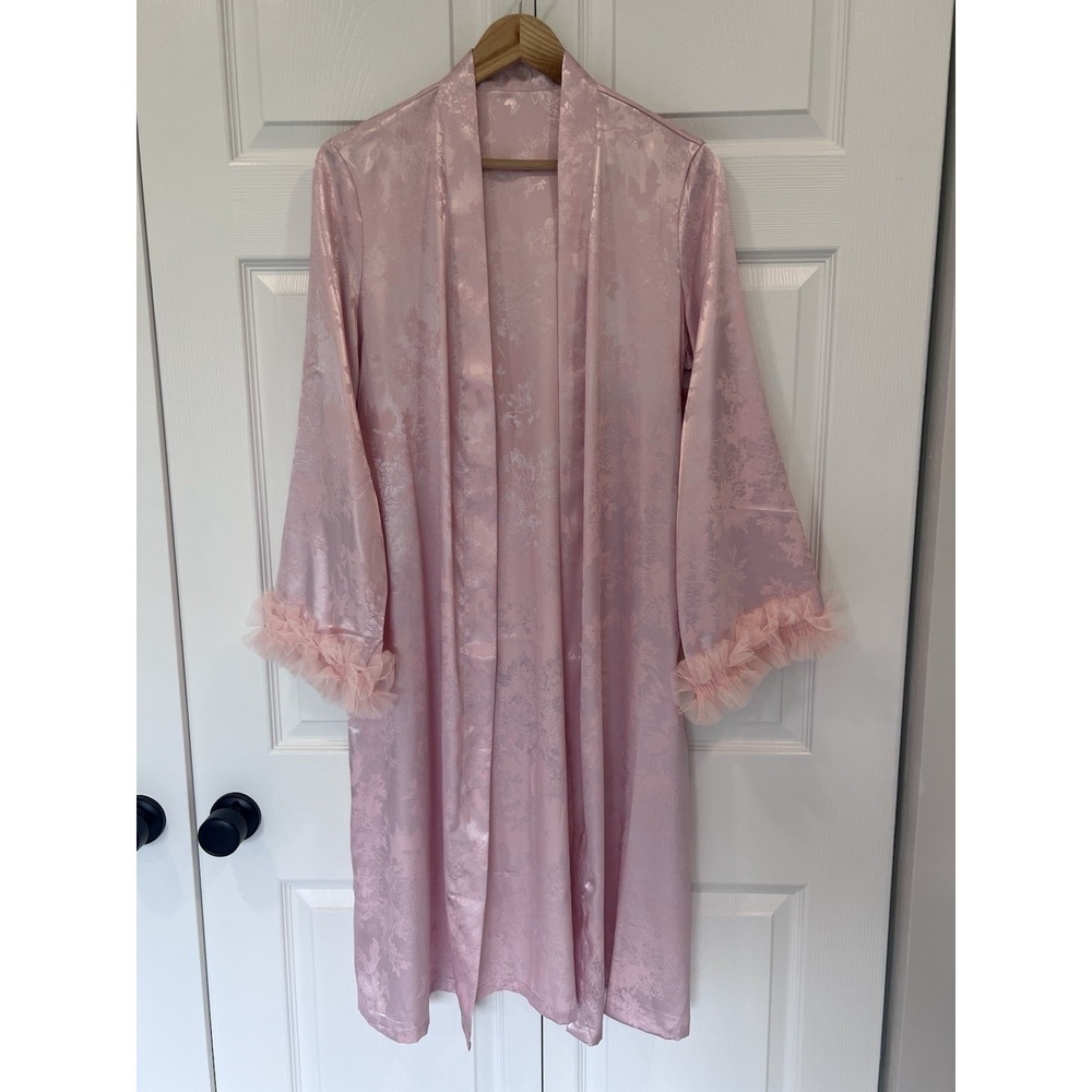 SilkySpell Women's Pink Satin Floral Robe Faux Fur Trim Tie Belt Long Sleeve S/M - Picture 3 of 5
